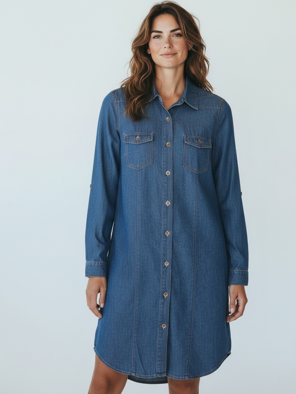 Love By Chesley Chambray Denim Shirt Dress Medium Roll Tab Sleeve Casual